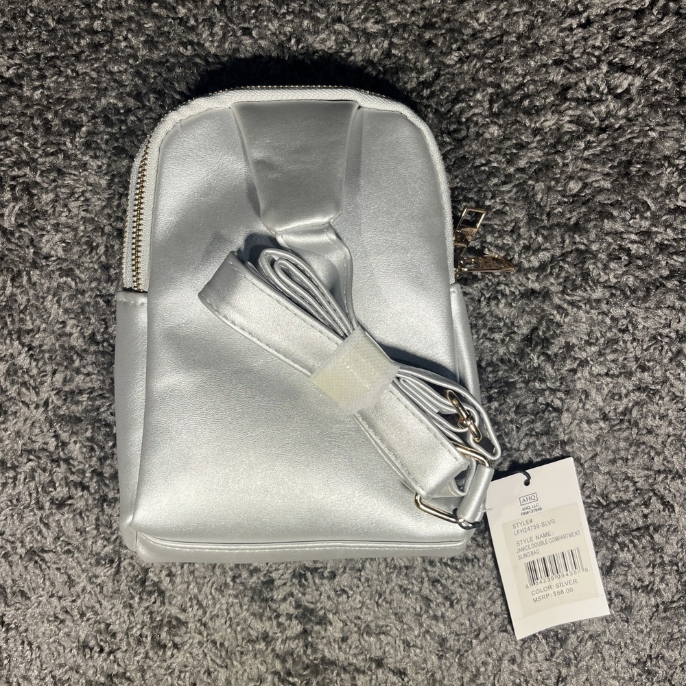 NWT London Fog Silver Color‎ Small Sling bag Double Zip compartment + Inside Zip - Picture 3 of 10